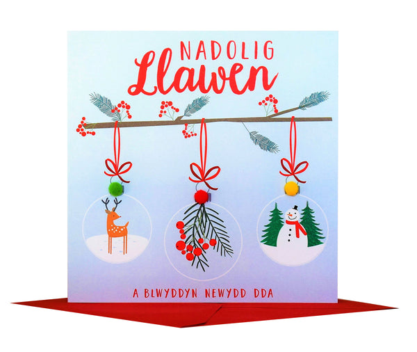 Welsh Christmas Card, Nadolig Llawen, Baubles on a branch, Pompom Embellished