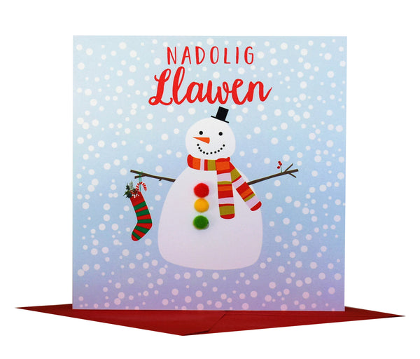 Welsh Christmas Card, Nadolig Llawen, Snowman ,  Pompom Embellished