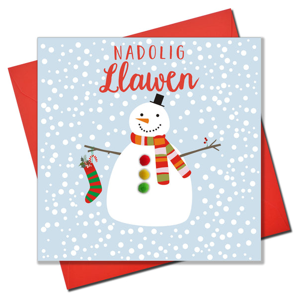 Welsh Christmas Card, Nadolig Llawen, Snowman ,  Pompom Embellished
