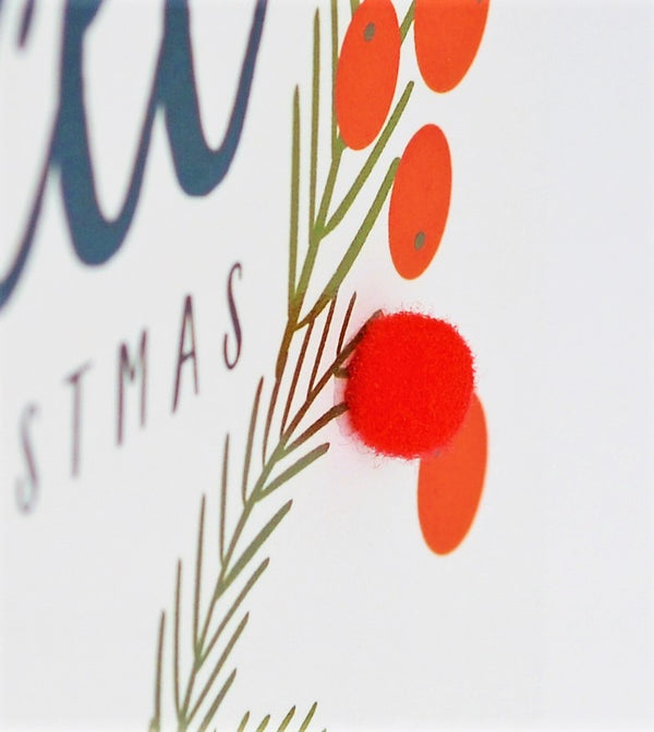 Welsh Christmas Card, Nadolig Llawen, Peace, Love and Joy, Pompom Embellished