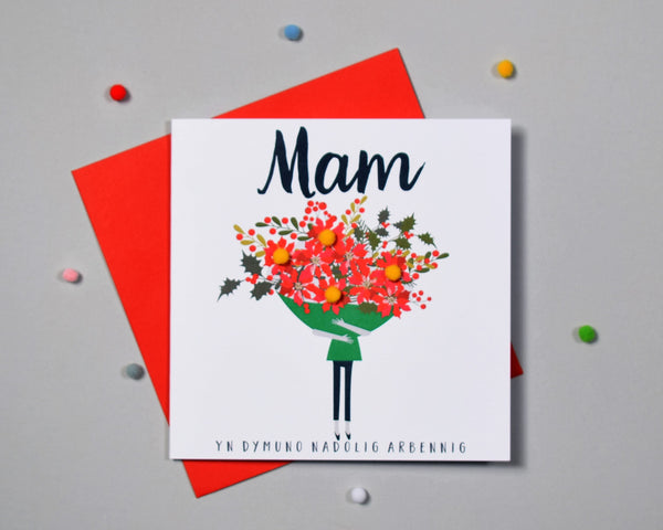Welsh Mum Christmas Card, Nadolig Llawen Mam, Bouquet, Pompom Embellished