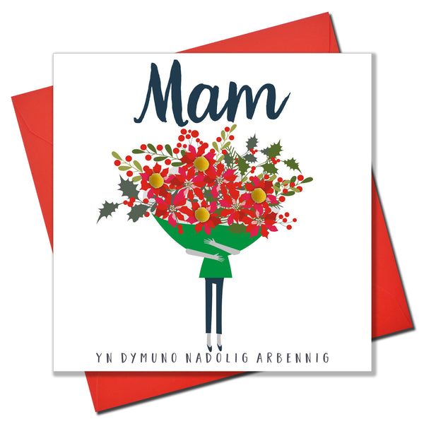 Welsh Mum Christmas Card, Nadolig Llawen Mam, Bouquet, Pompom Embellished