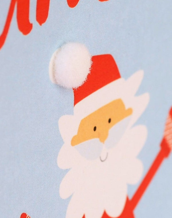 Welsh Daddy Christmas Card, Nadolig Llawen, Skating Santa, Pompom Embellished