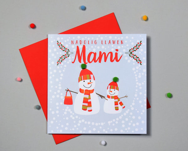 Welsh Mummy Christmas Card, Nadolig Llawen Mami, Big snowman, Pompom Embellished