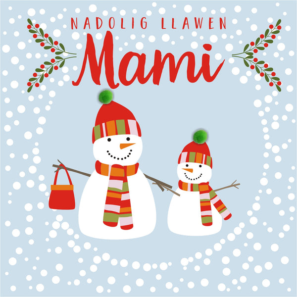 Welsh Mummy Christmas Card, Nadolig Llawen Mami, Big snowman, Pompom Embellished