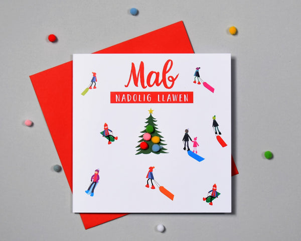 Welsh Son Christmas Card, Nadolig Llawen Mab, Sledgers, Pompom Embellished