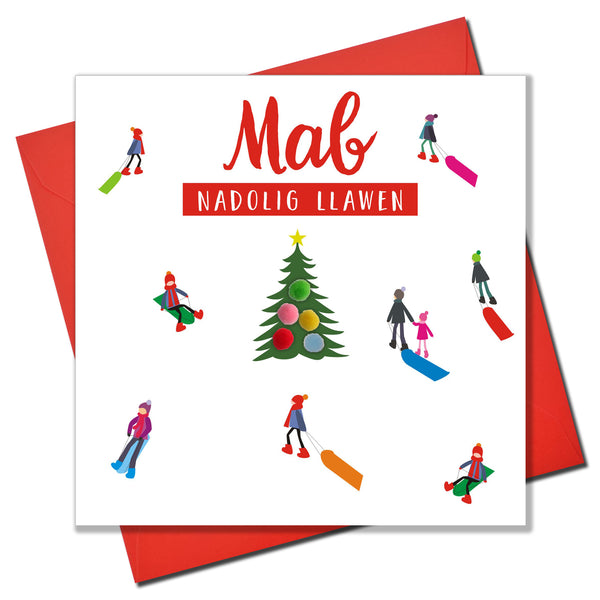 Welsh Son Christmas Card, Nadolig Llawen Mab, Sledgers, Pompom Embellished