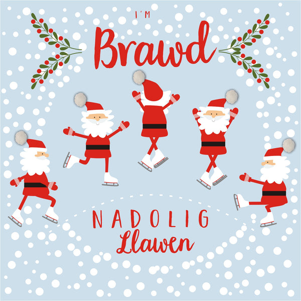 Welsh Brother Christmas Card, Nadolig Llawen Brawd, Santas, Pompom Embellished