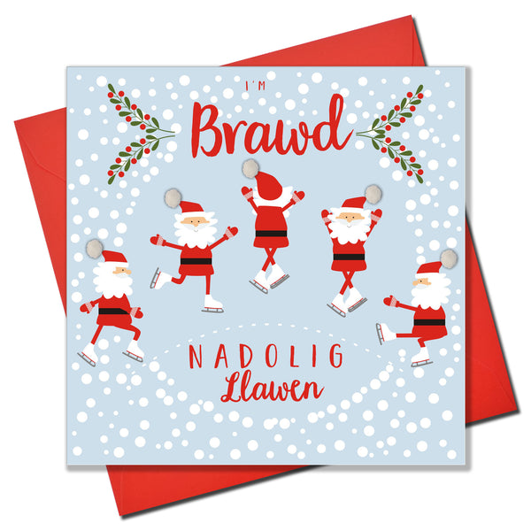 Welsh Brother Christmas Card, Nadolig Llawen Brawd, Santas, Pompom Embellished