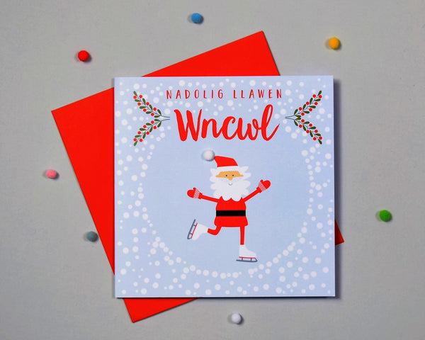 Welsh Uncle Christmas Card, Nadolig Llawen Wncwl, Santa, Pompom Embellished
