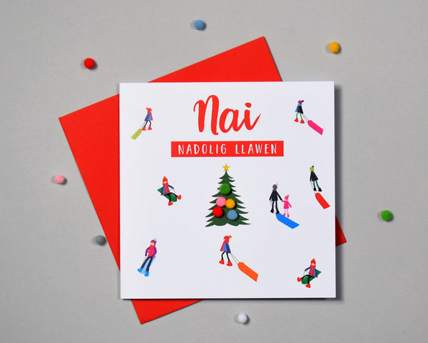 Welsh Nephew Christmas Card, Nadolig Llawen Nai, Sledgers, Pompom Embellished