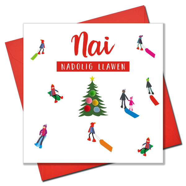 Welsh Nephew Christmas Card, Nadolig Llawen Nai, Sledgers, Pompom Embellished