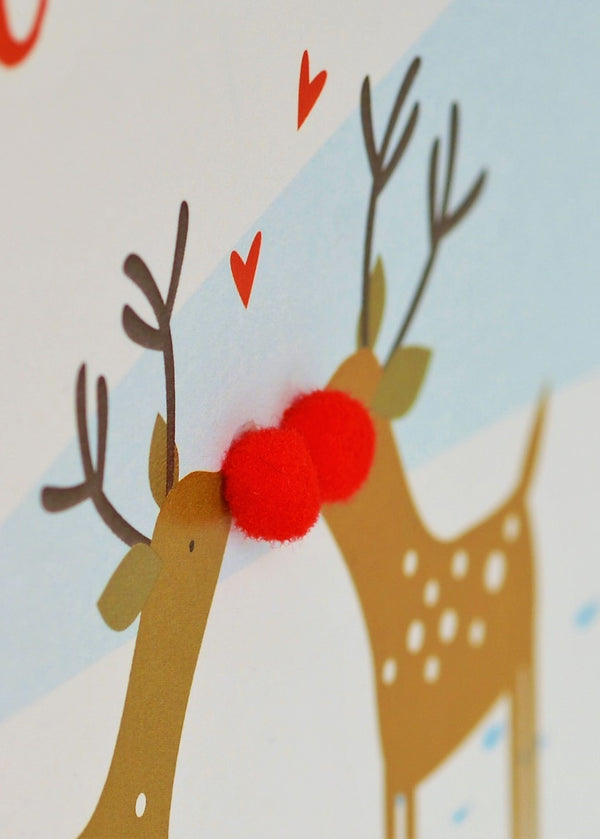 Welsh Husband Christmas Card, Nadolig Llawen Gwr, Reindeers, Pompom Embellished