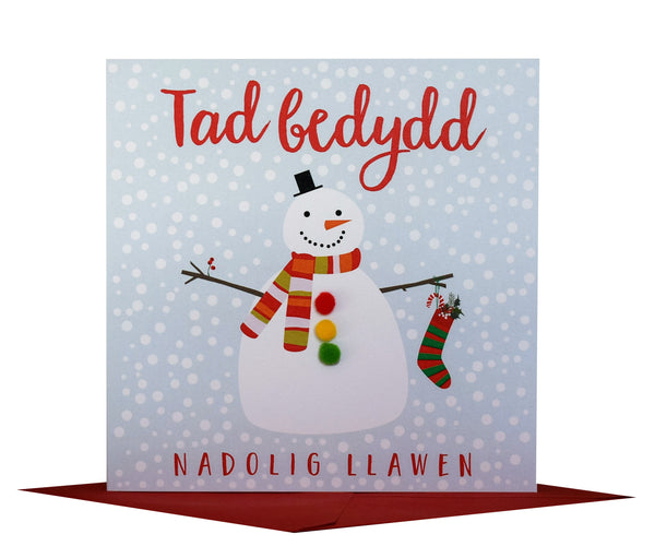 Welsh Godfather Christmas Card, Nadolig Llawen Tad Bedydd, Pompom Embellished