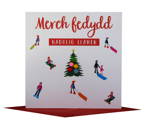Welsh Goddaugher Christmas Card, Nadolig Llawen Merch Fedydd, Pompom Embellished