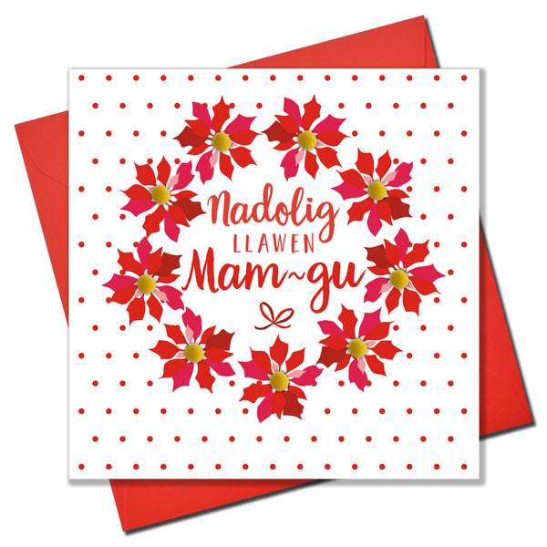 Welsh Grandma Christmas Card, Nadolig Llawen Mam-gu, Pompom Embellished