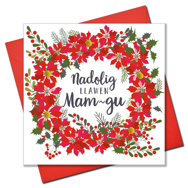 Welsh Nana Christmas Card, Nadolig Llawen Mam-gu, Poinsettia, Pompom Embellished