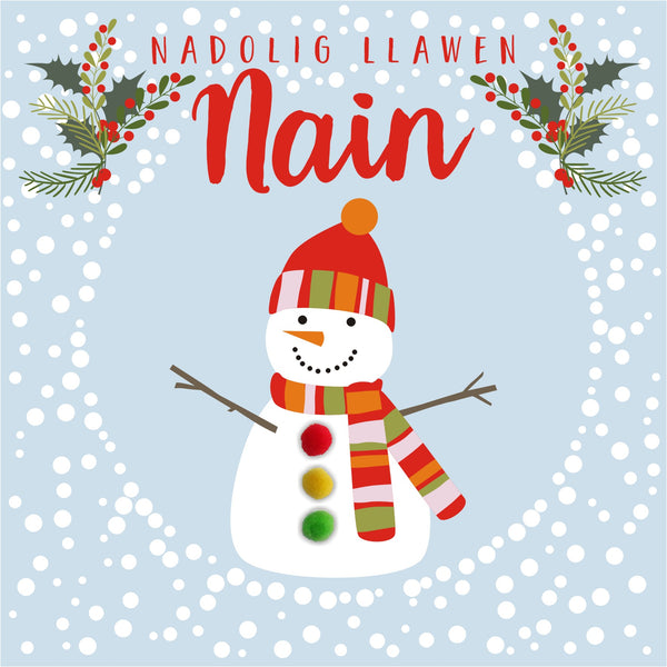 Welsh Christmas Card, Nadolig Llawen, Nain, Snowman, granny, Pompom Embellished