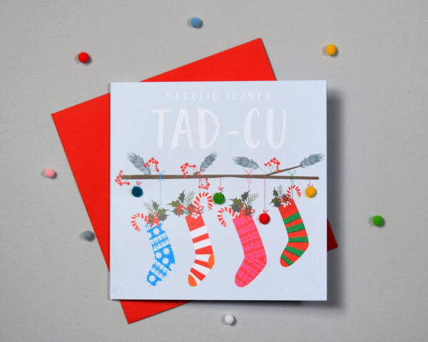Welsh Grandad Christmas Card, Nadolig Llawen Tad-cu, Pompom Embellished
