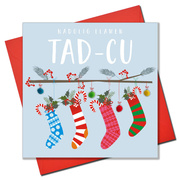 Welsh Grandad Christmas Card, Nadolig Llawen Tad-cu, Pompom Embellished