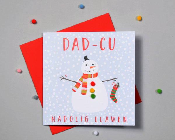 Welsh Grandpa Christmas Card, Nadolig Llawen Dad-cu, Snowman, Pompom Embellished