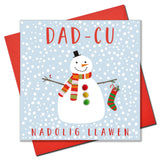 Welsh Grandpa Christmas Card, Nadolig Llawen Dad-cu, Snowman, Pompom Embellished