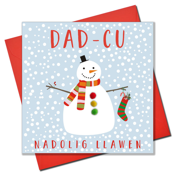 Welsh Grandpa Christmas Card, Nadolig Llawen Dad-cu, Snowman, Pompom Embellished
