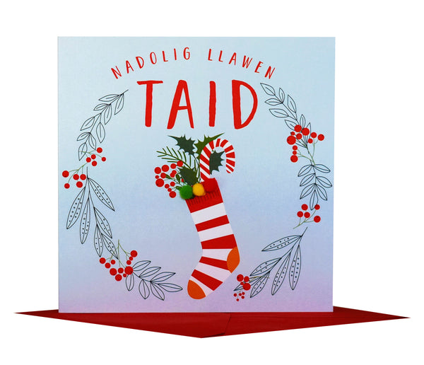 Welsh Grandad Christmas Card, Nadolig Llawen Taid, Pompom Embellished