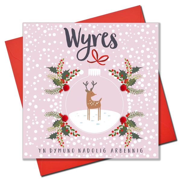 Welsh Granddaughter Christmas Card, Nadolig Llawen Wyres, Pompom Embellished