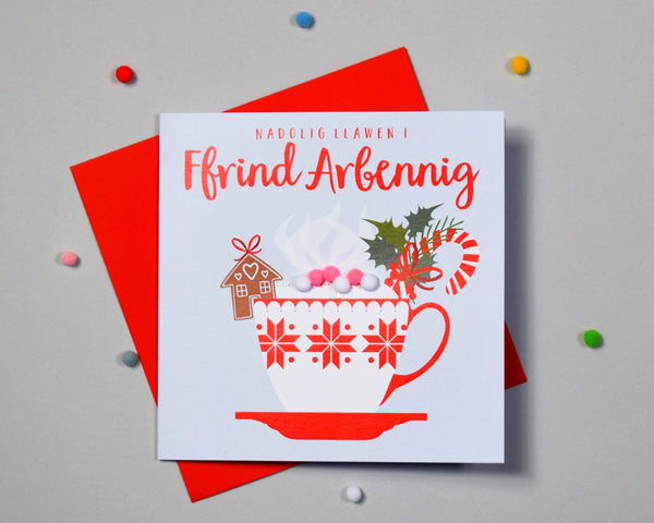 Welsh Friend Christmas Card, Nadolig Llawen, xmas Cappuccino, Pompom Embellished