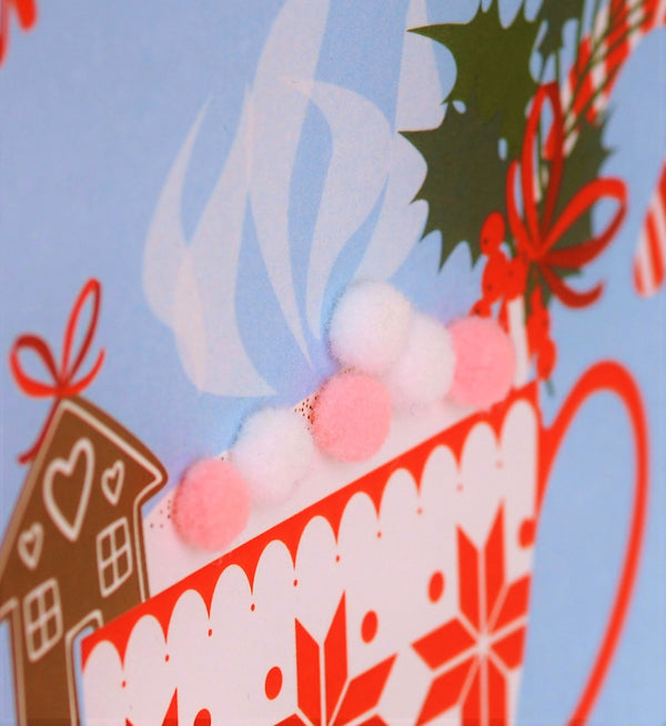 Welsh Friend Christmas Card, Nadolig Llawen, xmas Cappuccino, Pompom Embellished