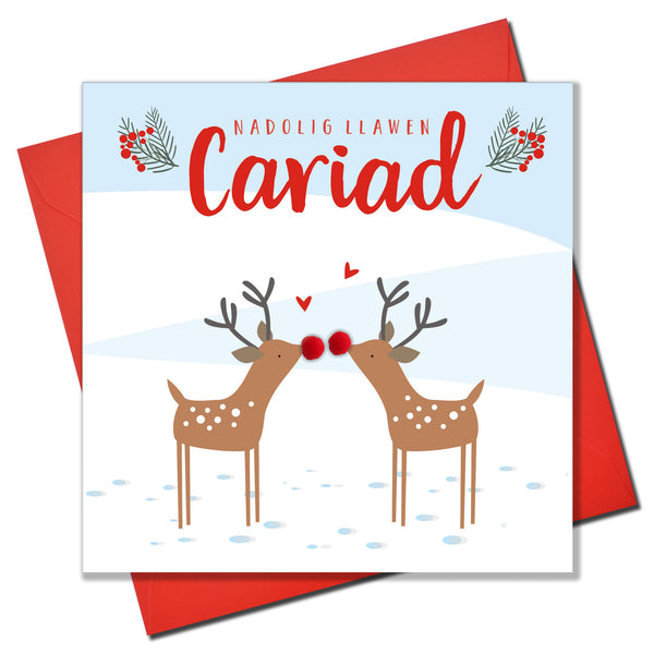 Welsh Christmas Card, Nadolig Llawen, The one I Love, Pompom Embellished