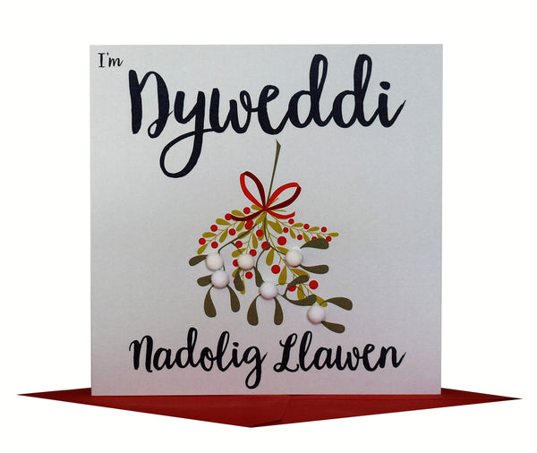 Welsh Fiance Christmas Card, Nadolig Llawen Dyweddi, Pompom Embellished