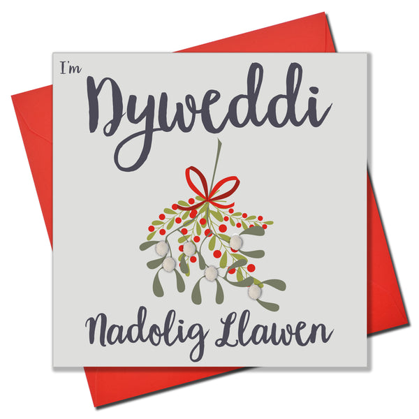Welsh Fiance Christmas Card, Nadolig Llawen Dyweddi, Pompom Embellished