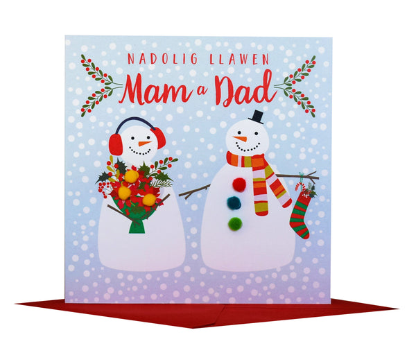 Welsh Mum & Dad Christmas Card, Nadolig Llawen, Two snowmen, Pompom Embellished