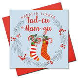 Welsh Granny & Grandad Christmas Card, mam-gu a tad-cu, Pompom Embellished