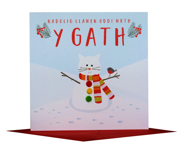 Welsh Christmas Card, Nadolig Llawen, Gath, From the Cat, Pompom Embellished