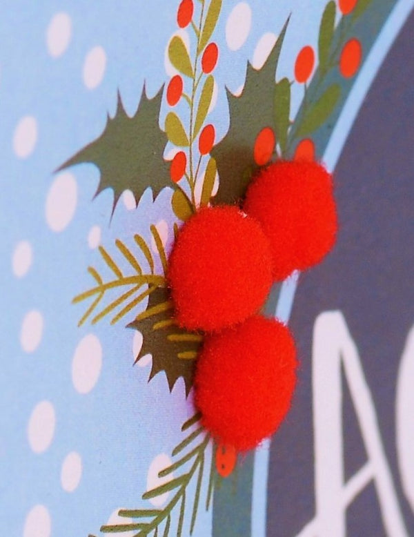 Welsh Christmas Card, Nadolig Llawen, Across the miles, Pompom Embellished