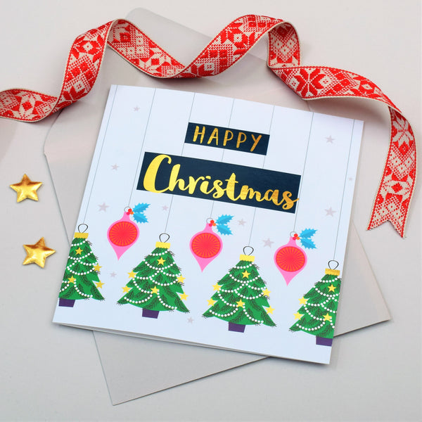 Christmas Card, Trees and Baubles, text foiled in shiny gold