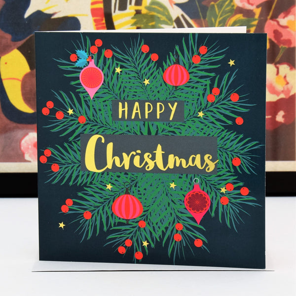 Christmas Card, Fir Wreath and Baubles, text foiled in shiny gold