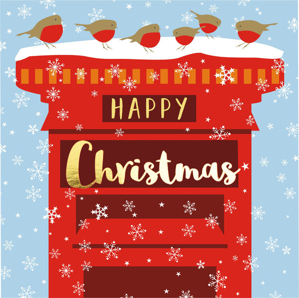 Christmas Card, Robins on a Postbox, text foiled in shiny gold