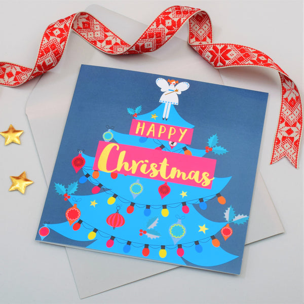 Christmas Card, Fairy on a blue Tree, text foiled in shiny gold