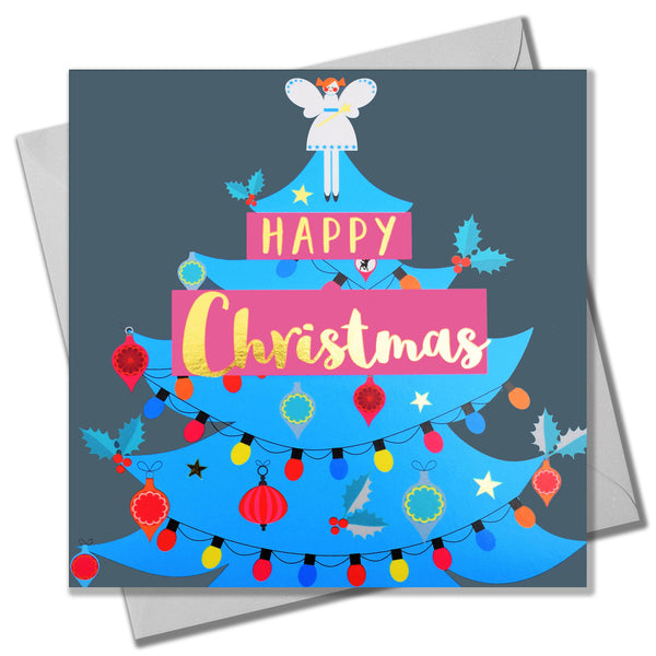 Christmas Card, Fairy on a blue Tree, text foiled in shiny gold