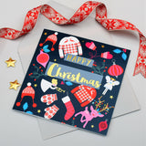 Christmas Card, Jumpers & Mittens, text foiled in shiny gold
