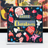 Christmas Card, Jumpers & Mittens, text foiled in shiny gold