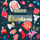 Christmas Card, Jumpers & Mittens, text foiled in shiny gold