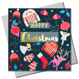 Christmas Card, Jumpers & Mittens, text foiled in shiny gold