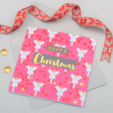 Christmas Card, Fairies on Pink, text foiled in shiny gold