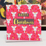 Christmas Card, Fairies on Pink, text foiled in shiny gold