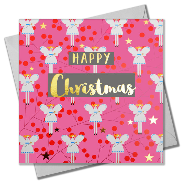 Christmas Card, Fairies on Pink, text foiled in shiny gold